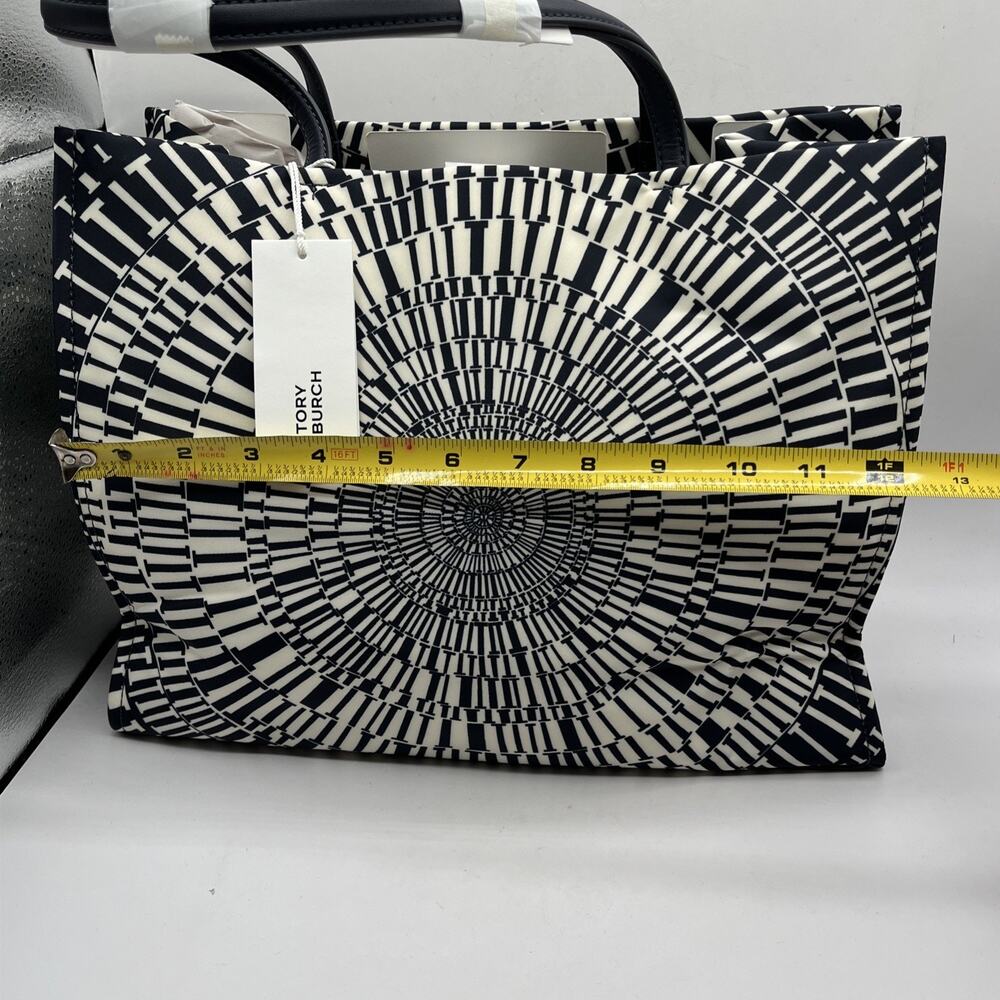 Tory Burch Ella Printed Tote Bag Navy Blue Beige Circles Gingham Nylon Leather - Picture 7 of 12